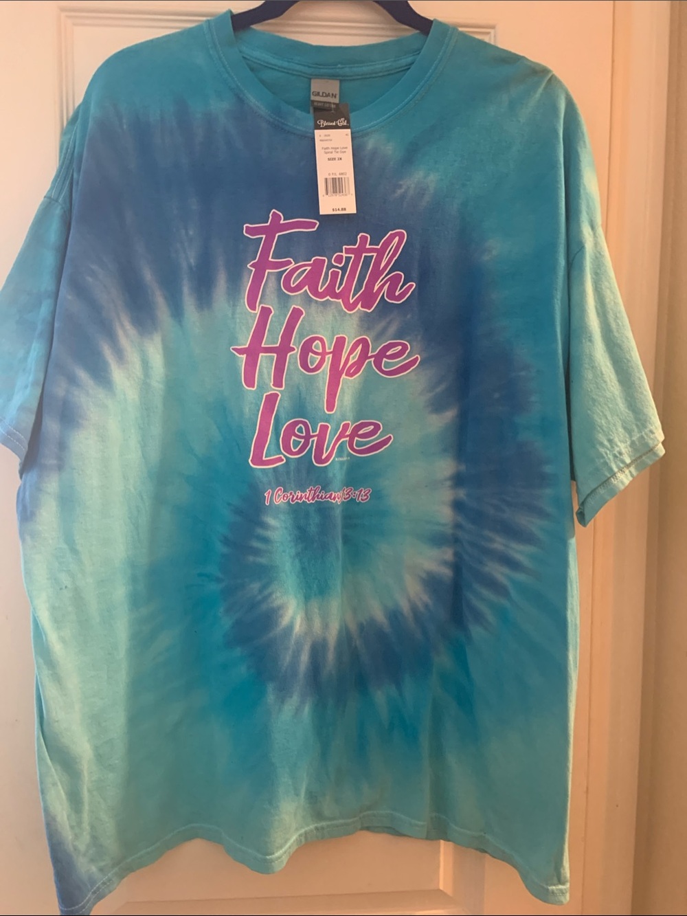 Gildan Ladied Tie-Dye Tee in Aqua and Blue with Pink Script
